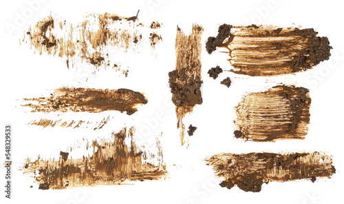 Set drops of mud sprayed isolated on white with clipping path