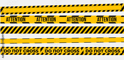Warning tapes set for construction and crime. Vector illustration. Yellow security warning tapes set Caution