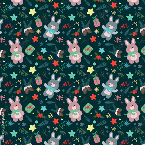 seamless christmas pattern with bunnies