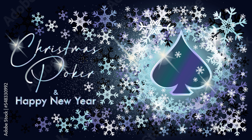 Christmas Spade Poker vip banner with xmas snow, vector illustration