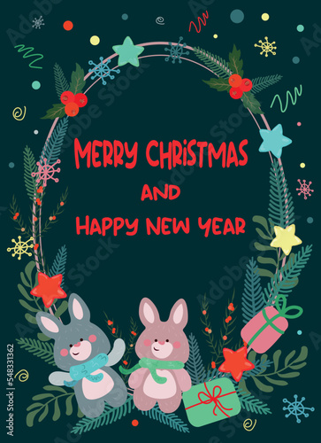 christmas card with cute bunnies