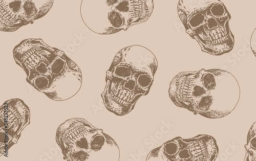 Graphical vintage pattern with human skulls on sepia background, wallpaper , fossils cover