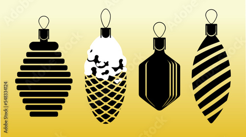 Christmas decorations. Set of four black vector silhouettes of vintage soviet Christmas tree toys isolated on gold background.