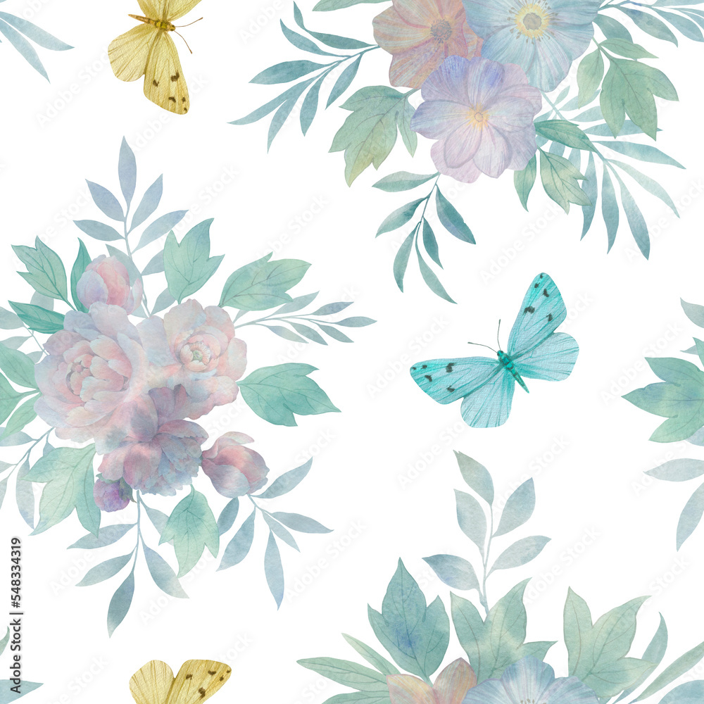 Obraz premium Seamless floral pattern with flowers and leaves, watercolor illustration. Template design for wrapping paper, textiles, wallpaper, interior, clothes, postcards.