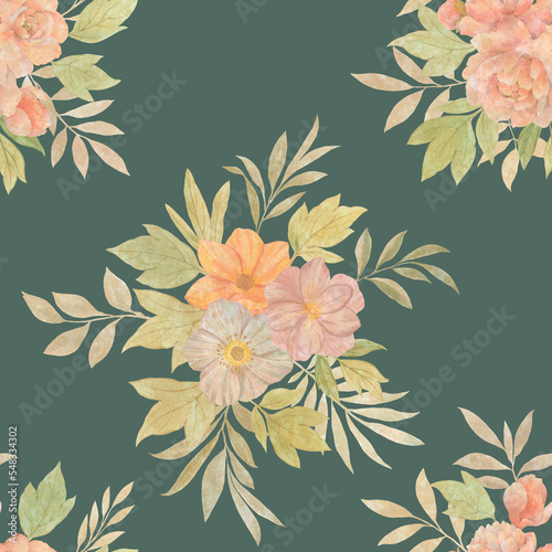 Seamless floral pattern with flowers and leaves, watercolor illustration. Template design for wrapping paper, textiles, wallpaper, interior, clothes, postcards.
