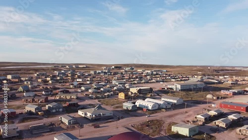 Baker Lake, Nunavut in the Canadian Arctic.  Slow pan across town in the Kivalliq region in Canada's Central Arctic.  Nunavut territory. photo