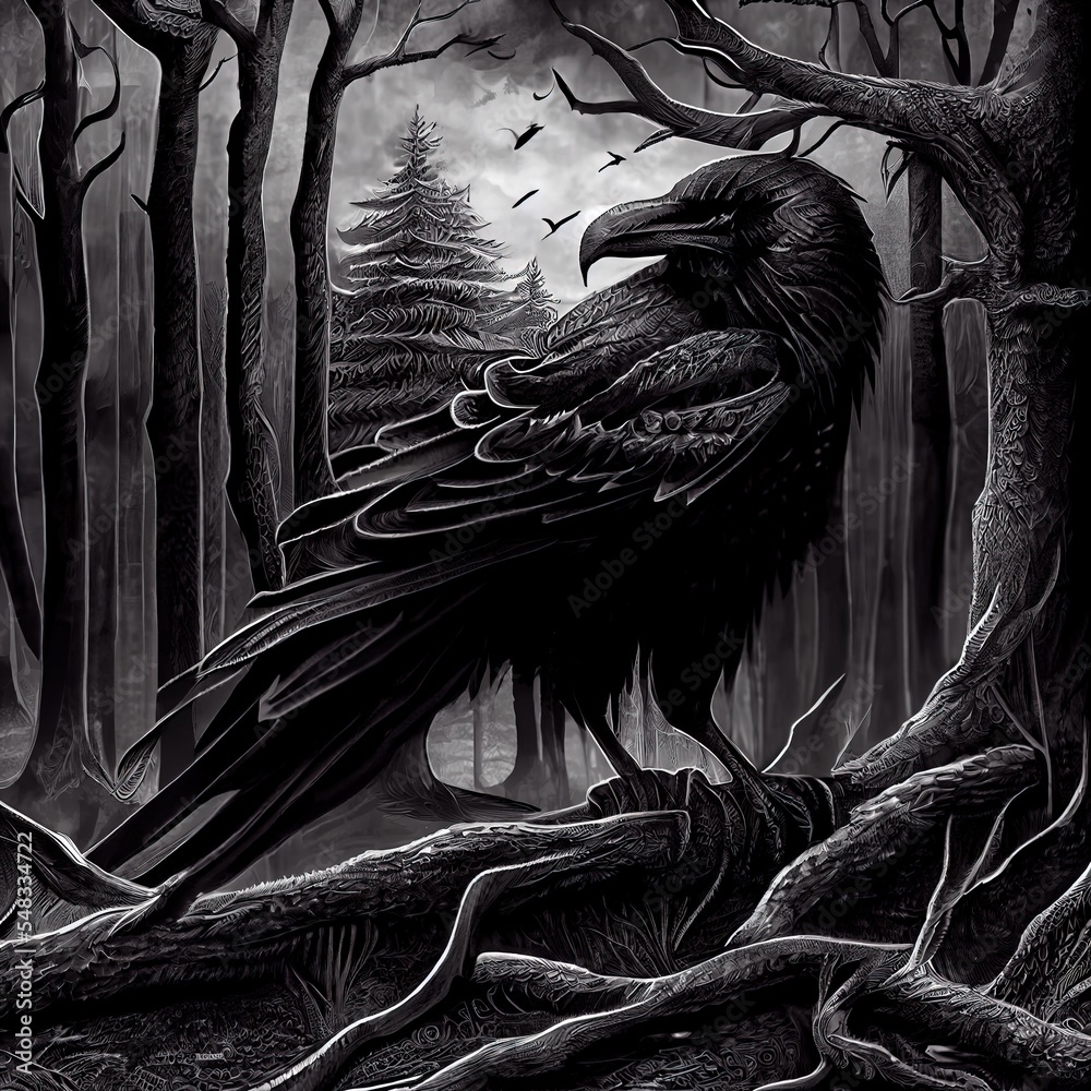 Fototapeta premium Portrait of the mystical raven bird against a dark forest backdrop. 3D rendering.