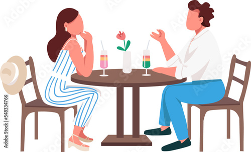 Couple drinking tropical cocktails together semi flat color raster characters. Sitting figures. Full body people on white. Simple cartoon style illustration for web graphic design and animation