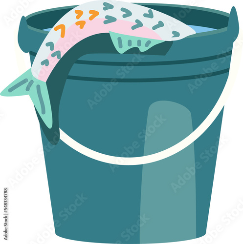 Bucket with fish semi flat color raster object. Fishing activity. Sport and hobby. Full sized item on white. Leisure fishing. Simple cartoon style illustration for web graphic design and animation