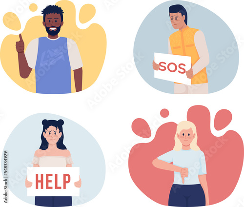 Gestures and signs 2D raster isolated illustrations set. Emotions flat characters on cartoon background. Colourful scenes collection for mobile, website, presentation