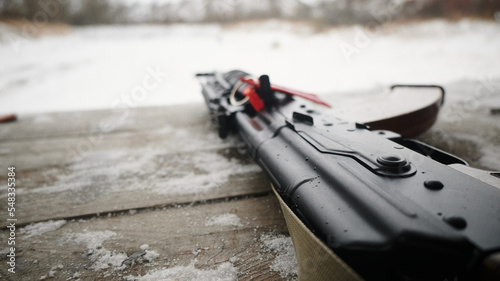 Prepared and safe Kalashnikov assault rifle ready to fire