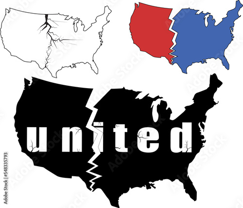 map of america USA divided or separated into two parts - as a symbol of incitement to crisis and chaos of division in country.