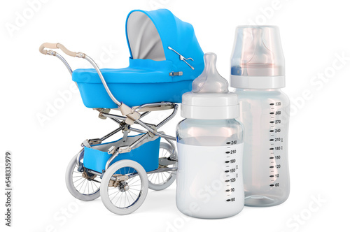Baby bottles with baby carriage, 3D rendering