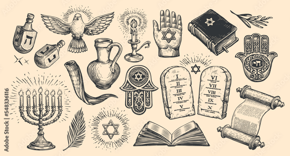 Jewish holiday object signs collection. Menorah, Torah scroll, Dreidel