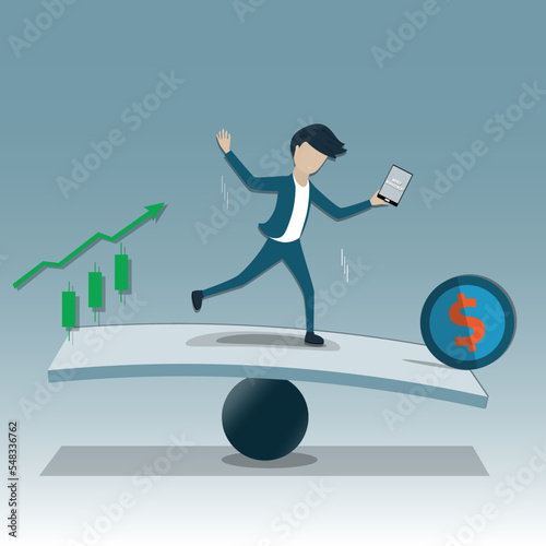 Flat of finance concept, The trader with money management try to keep his balance - vector
