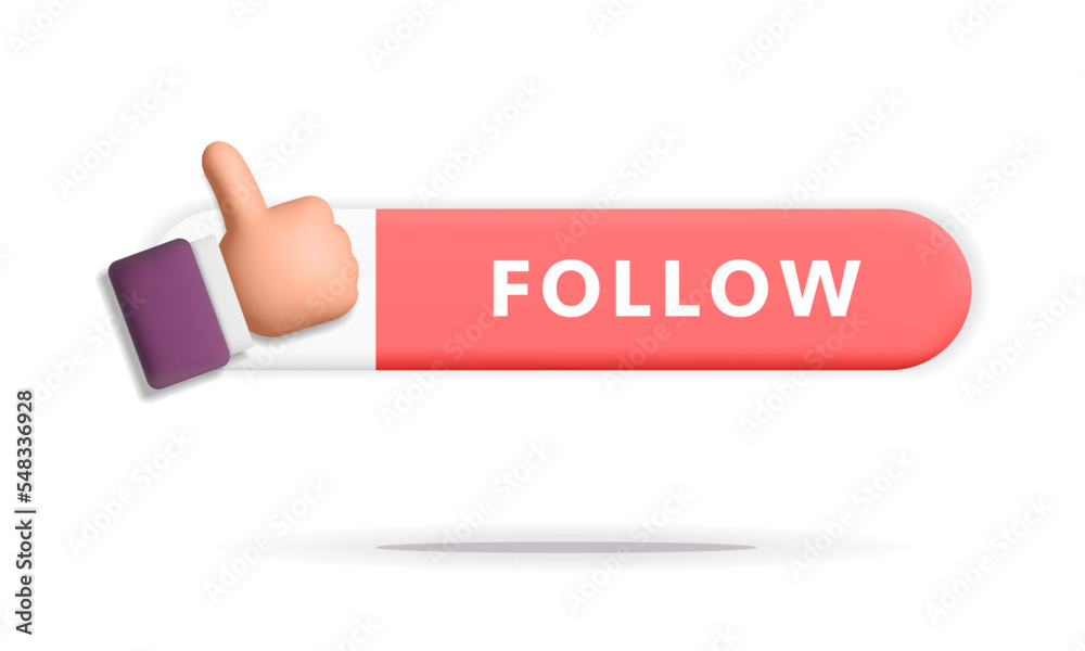 3d vector thumb up hand gesture on red subscribe follow button social media design element - obrazy, fototapety, plakaty 