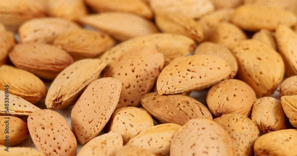 Raw Almonds Nut in Shells Rotating Background. Organic Almond for Vegans. Side View, Healthy Food. Products with Healthy Fats. Shelled Almonds with Selective focus Raw Almonds Nut in Shells Rotating Background. Organic Almond for Vegans. Side View, Healthy Food. Products with Healthy Fats. Shelled Almonds with Selective focus