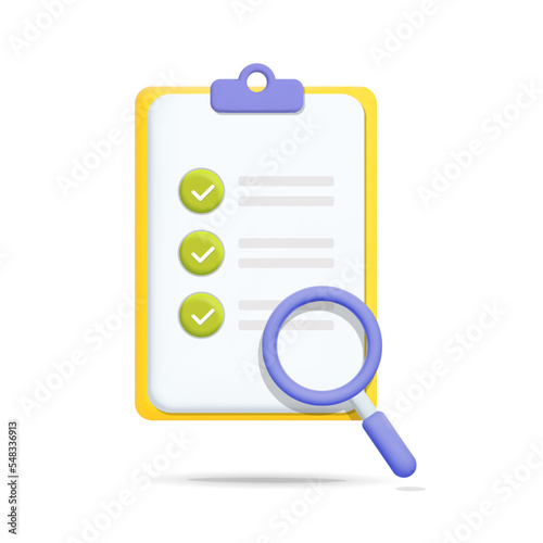 3d vector cartoon plastic render search Magnifying glass over clipboard checklist icon design illustration