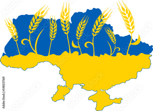 Map of Ukraine decorated with wheat ear in Ukrainian flag colors