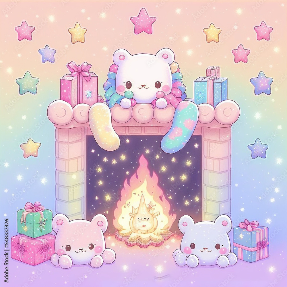 Cute kawaii christmas fireplace illustration Illustration Stock