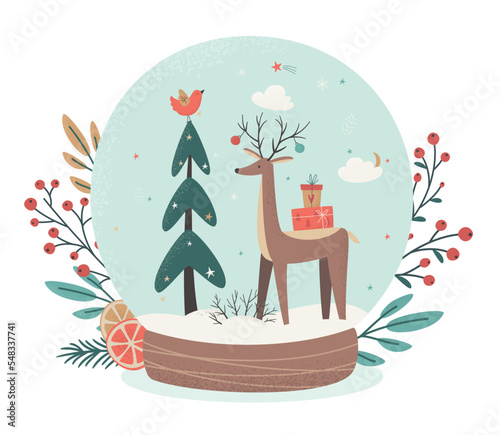 Merry Christmas and Happy New Year concept. Christmas winter glass Snowball with Christmas Tree and reindeer with gift boxes. Vector illustration