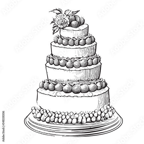 Big and delicious cake hand drawn sketch Vector illustration.