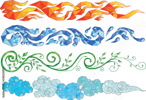 Fire, Water, Earth and Wind illustration in geometrical shapes