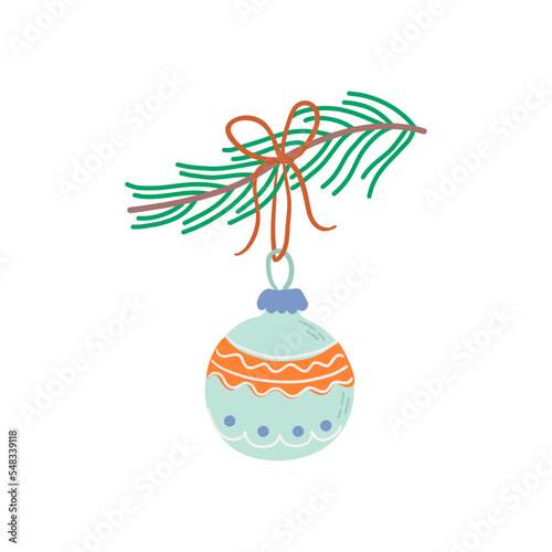Vector illustration of Christmas toy isolated on white. Winter holidays glass decoration with texture ornament. Cute hand drawn composition for cards, prints, posters.

