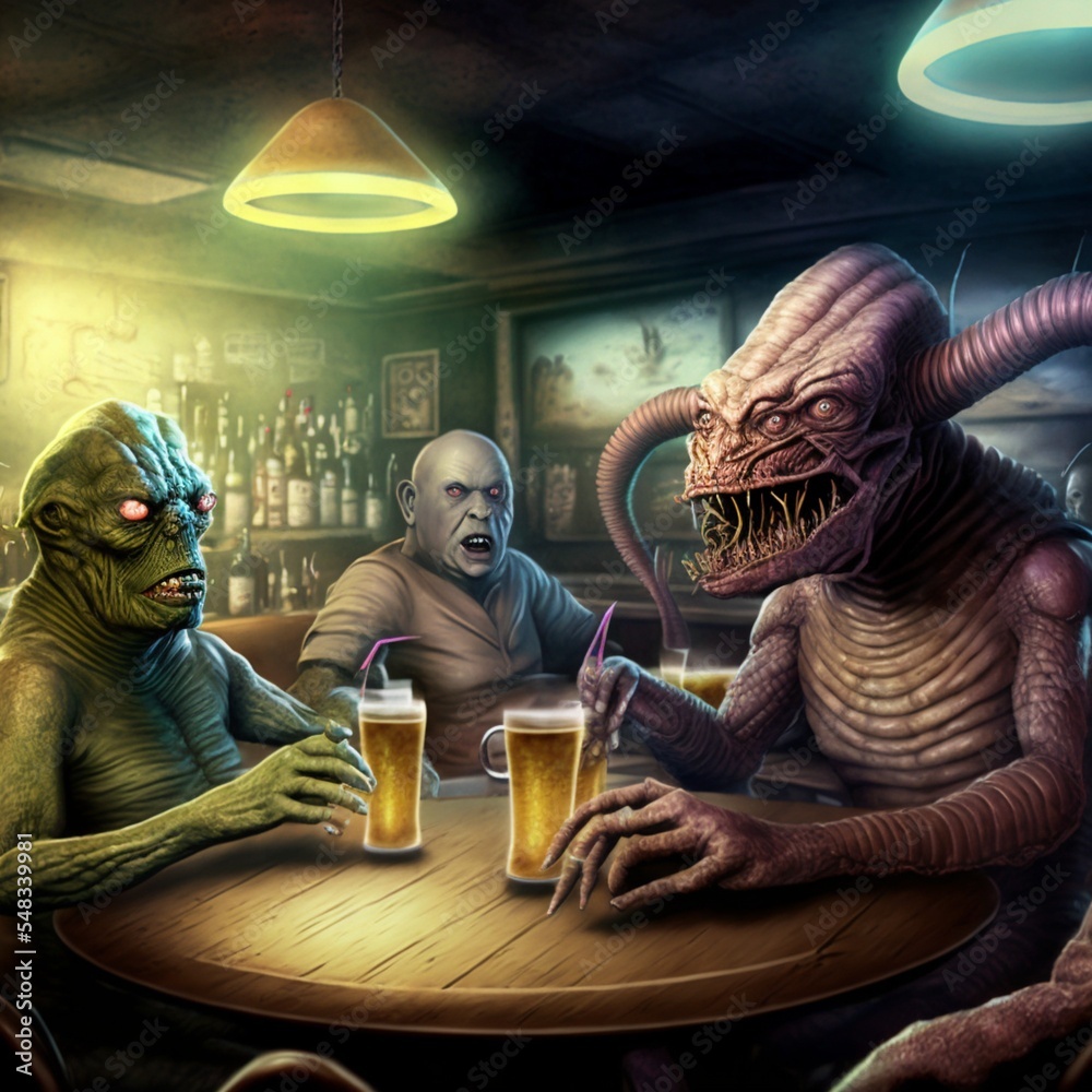 Nightmare monsters at the bar having fun. Scary horrifying monsters