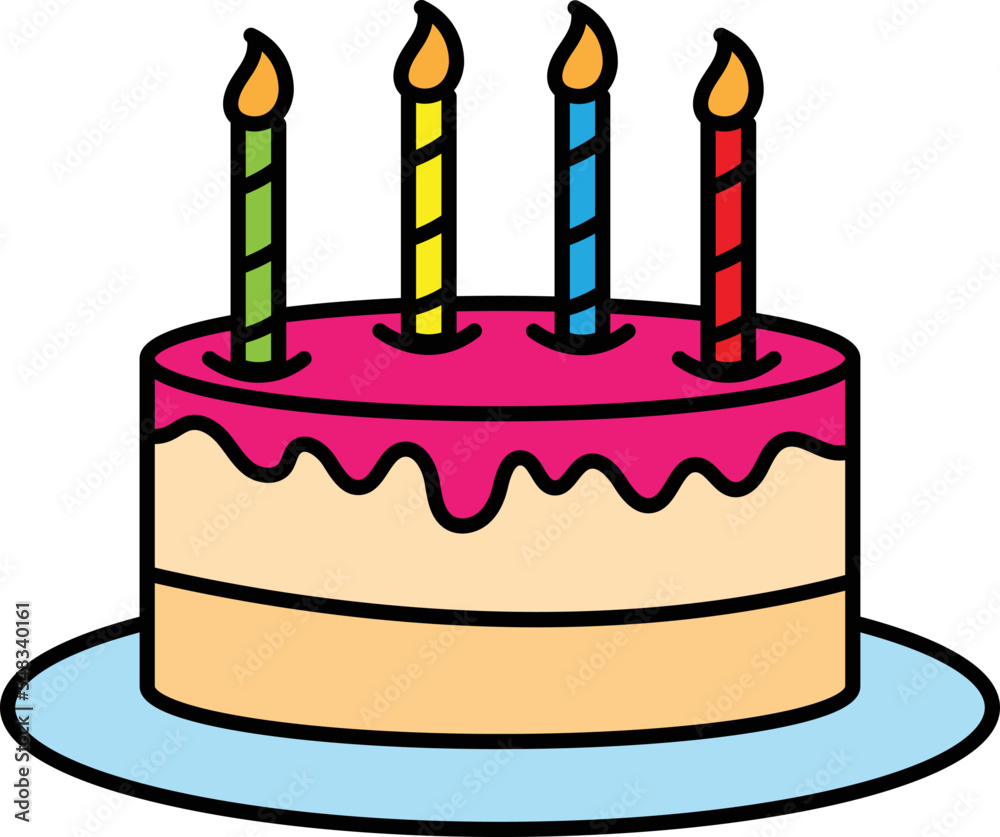 Editable vector of a birthday cake with pink creme and four candles on a white background - obrazy, fototapety, plakaty 