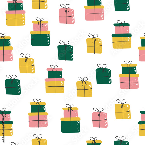 Christmas gift boxes seamless pattern. Creative Scandinavian background for clothing, packaging invitations. Holiday repeated texture with presents