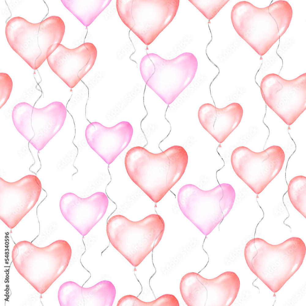 Valentine's Day watercolor flying heart shape balloons pattern