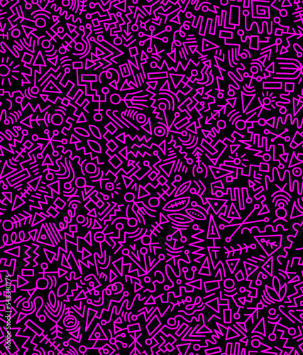 Abstract doodle drawing with pink lines on a black background.Seamless pattern.