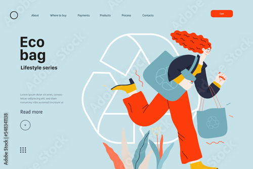 Lifestyle website template - Eco bag - modern flat vector illustration of woman holding her eco bags and recycle sign, ecology metaphor. People activities concept
