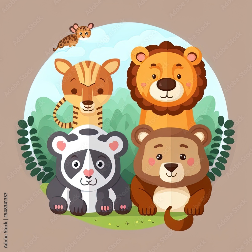 illustration of four cute animal in circle shape with sticker or bannerstyle brown bear tiger elephant and lion in forest with cartoon charactor flat design 2d illustrated illustration illustration of four cute animal in circle shape with sticker or bannerstyle brown bear tiger elephant and lion in forest with cartoon charactor flat design 2d illustrated illustration