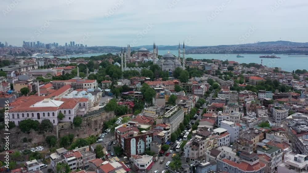 Forward-moving view of the Sultan Ahmed Blue Mosque and the Hagia ...
