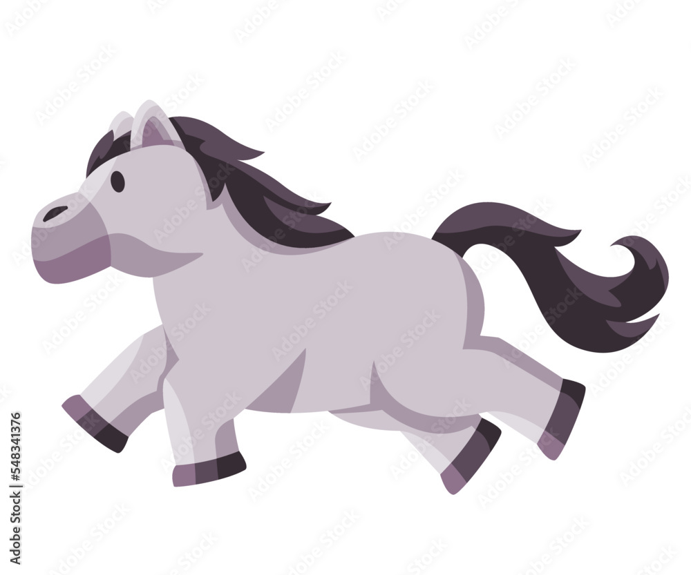 Horse in grey color running fast drawing illustration cute cartoon style