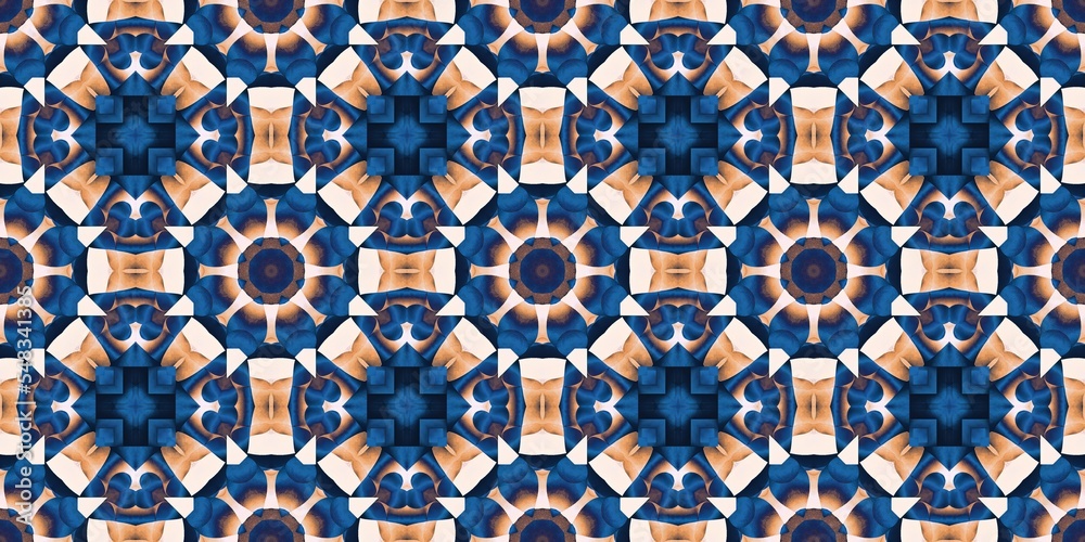  Blue white watercolor azulejo tile border background. Seamless coastal blur bleed geometrical floral mosaic effect banner. Ornamental arabesque summer fashion repeat edge trim.