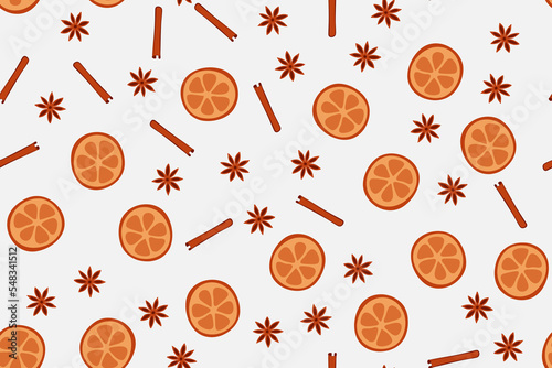 A piece of orange, star anise and a cinnamon stick. Seamless pattern in flat design. Set for mulled wine. Spices for Christmas drinks and pastries. Color image. Vector illustration.