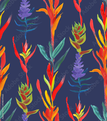 Seamless pattern with night tropics with vertical flowers on a dark background painted for terxtile