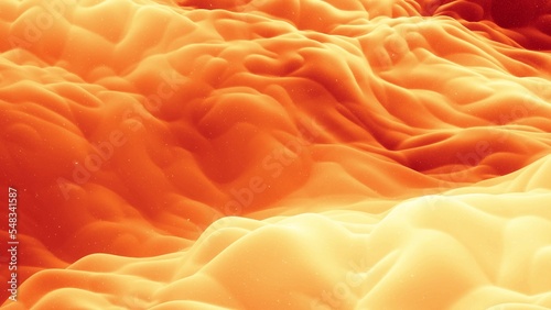 3d render. Beautiful abstract 3D surface with glitter sparkles, abstract 3d waves on surface. Red orange gradient, soft matte material with light inner glow.