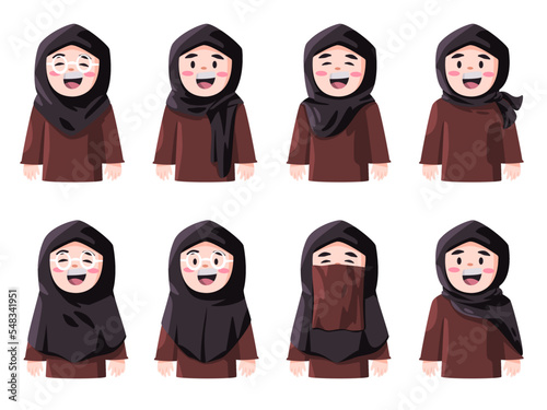 Woman avatar set collection wearing hijab headscarf niqab in many style