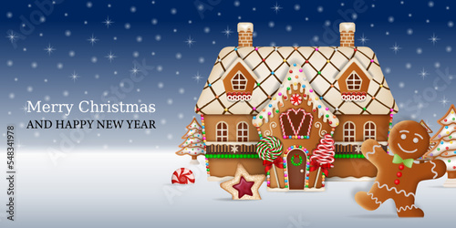 christmas background with gingerbread man and gingerbread  house.  christmas card with gingerbread cookies