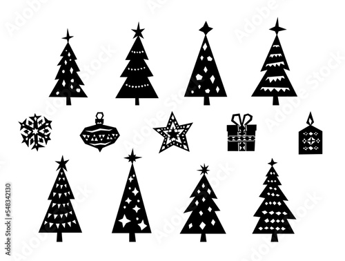 Silhouette christmas trees vector illustration icon set isolated stencil. Cute Xmas trees with decoration elements. Snow flake, star, present, candle. New year elements. Handmade paper cut style.
