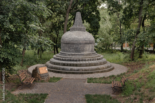 Buddhist stupa. Buddhist stupa in the forest. Sacred memorial structures of Buddhism. Repositories of Buddhist relics, used as place of meditation.