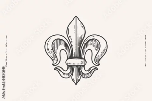 Obraz Royal lily flower in engraving style. Fleur de lis on a light isolated background. Heraldic symbol of royalty. Vintage vector illustration.