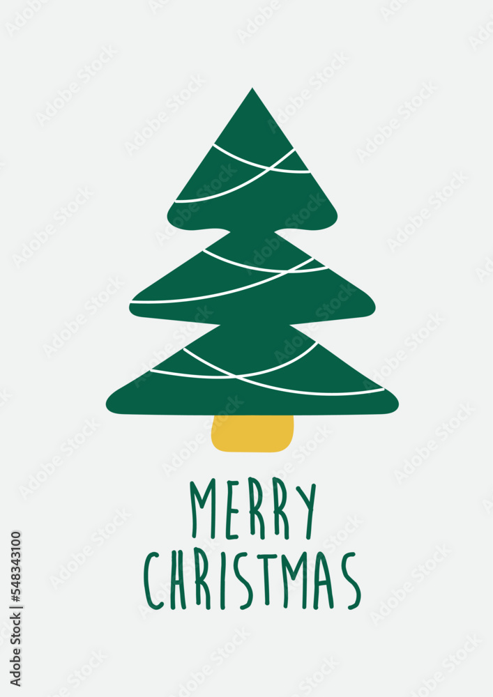 Christmas tree. Card design with a hand drawn green Christmas tree and Merry Christmas text. Minimalist Scandinavian design Christmas tree. Card design with a hand drawn green Christmas tree and Merry Christmas text. Minimalist Scandinavian design