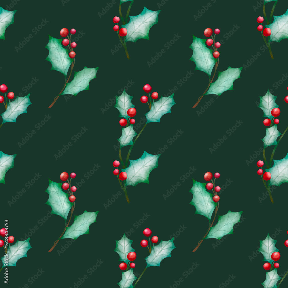 Seamless background with watercolor leaf and berry doodles, green background. Luxury pattern for creating textiles, wallpaper, paper. Vintage. Romantic floral Illustration