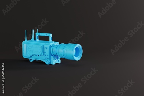 A blue film camera on a pastel dark background. Concept of filming, making movies. 3d rendering, 3d illustration.