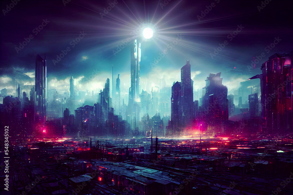 Futuristic cyberpunk city. Skyscrapers view, at night on a rainy day ...